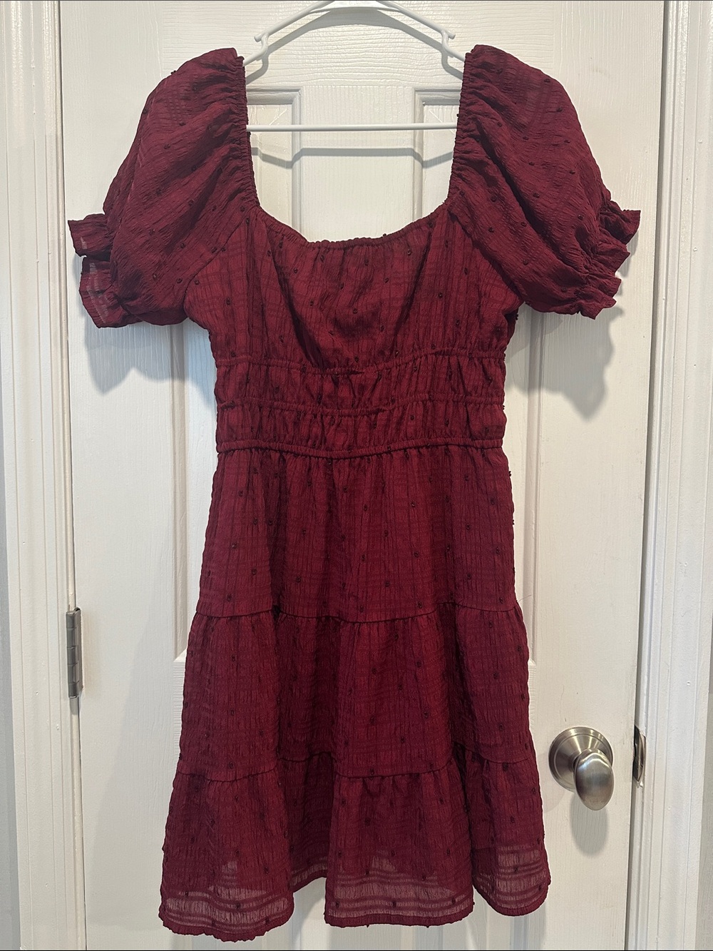 miami Burgundy Puff Sleeve Tiered Midi Dress